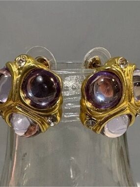 Gold-Tone Purple Cabochon and Rhinestone Clip-On Earrings